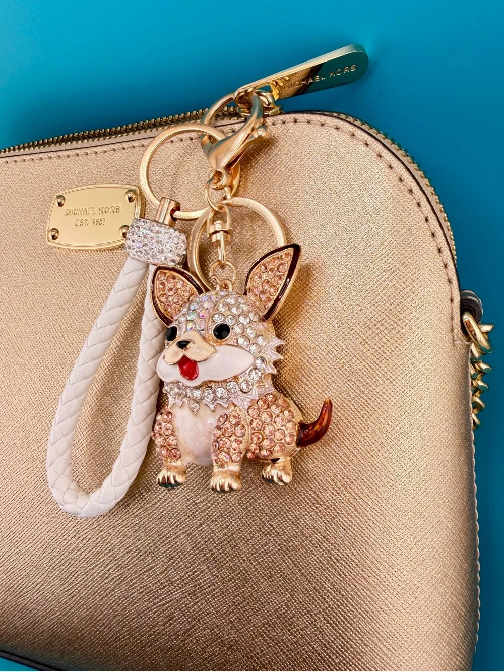🐶 White & Gold CORGI PUPPY DOG Crystal Rhinestone Bag Charm /Keychain + Key Ring